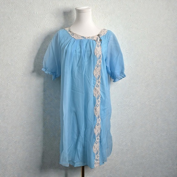 Other - Vintage Blue Chiffon Nightgown / Sheer Lace Trim Dress – Fairycore romantic L/XL